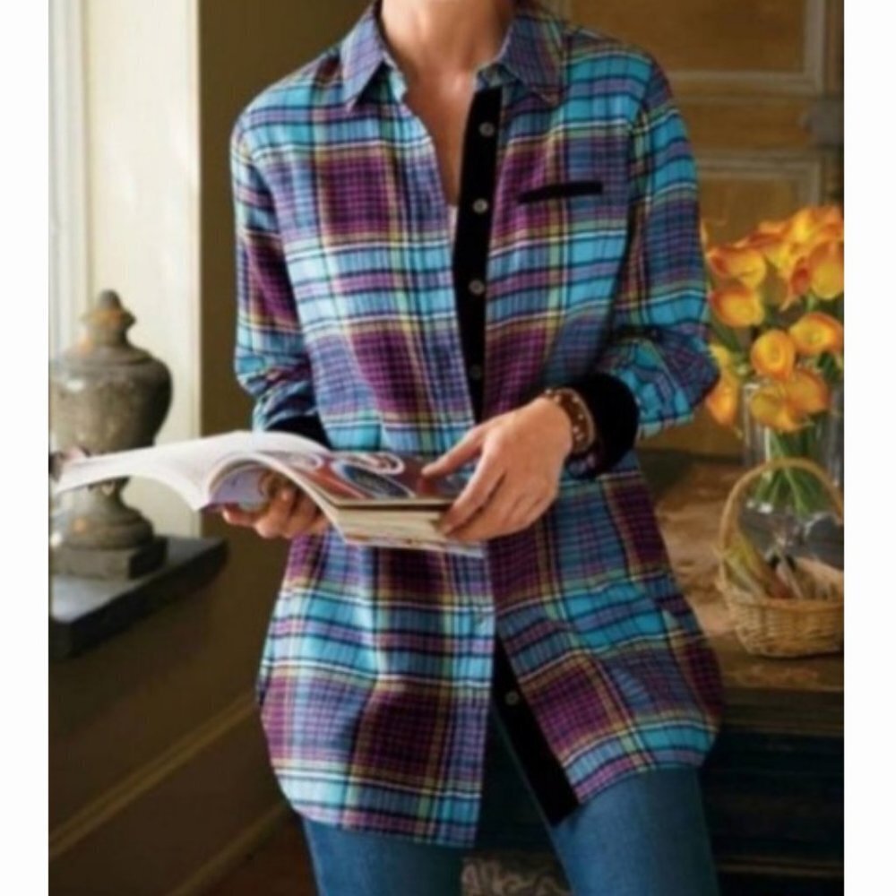 Soft Surroundings Women's Button Down Plaid Tunic Top